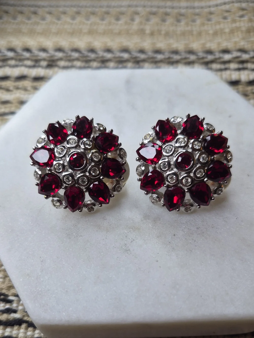 Vintage Christian Dior Large Red Rhinestone Clear Crystal Clip On Earrings - Picture 5 of 7
